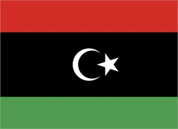 [ai] The flag of Libya featuring horizontal stripes of red, black, and green, with a white crescent and star centered on the black stripe.